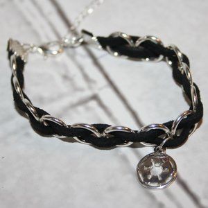 Pretty silver and black bracelet with sun charm 6.5-8.5"